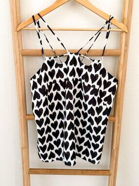 Animale Heart Print Strappy Camisole Tank Top Black White Size 42 (US Medium)